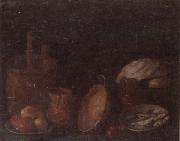 Still life of apples and herring in bowls,a beaten copper jar,a pan and other kitchen implements